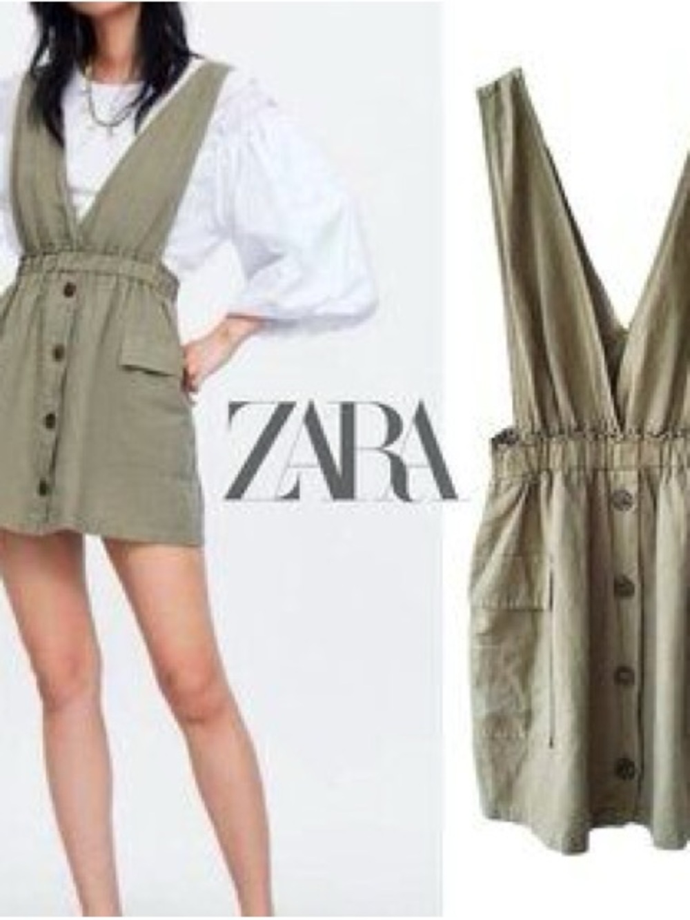 ZARA Olive Utility Pinafore Dress
